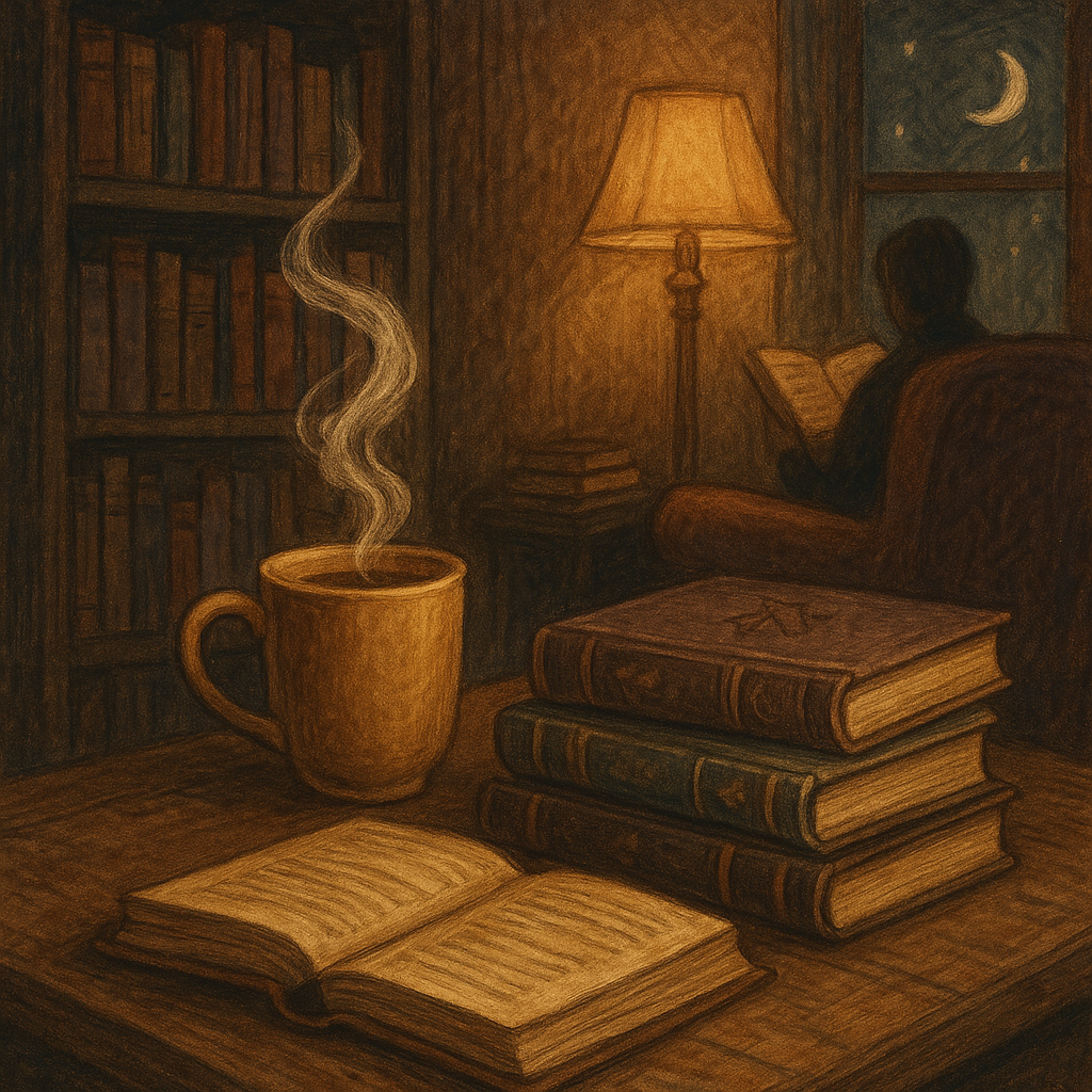 Un buen libro con un rico café junto a una pila de libros
